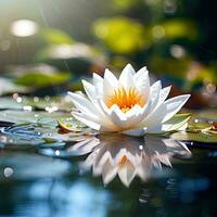 ai génératif magnifique blanc l'eau lis avec rosée gouttes sur le l'eau surface photo