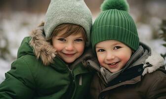 deux des gamins souriant ensemble. hiver saison. le coucher du soleil lumière. ai généré photo