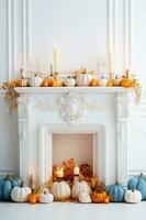 intérieur de une blanc pièce avec une cheminée, bougies et décoratif citrouilles. l'automne Accueil décor concept. ai génératif photo