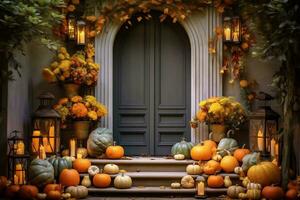 le porche de le maison est décoré avec citrouilles, fleurs et lanternes avec bougies. ai génératif photo