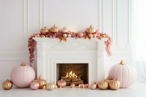 intérieur de une blanc pièce avec une cheminée, bougies et décoratif citrouilles. l'automne Accueil décor concept. ai génératif photo