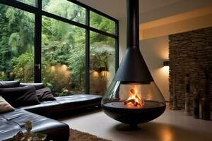 moderne intérieur de une client pièce avec une pendaison cheminée. ai génératif photo