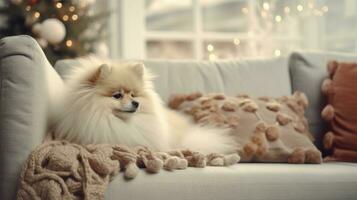 mignonne poméranien chien sur canapé dans pièce décoré pour Noël ai généré photo