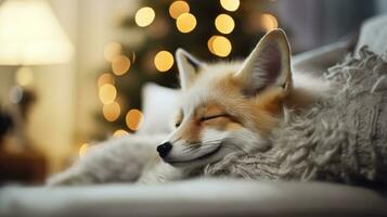 mignonne peu Renard en train de dormir sur canapé dans pièce avec Noël arbre et lumières ai généré photo