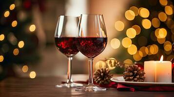 ai génératif deux des lunettes de rouge du vin avec Noël décoration sur bokeh Contexte photo
