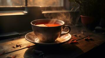 ai génératif une tasse de chaud thé sur une en bois table dans le des rayons de le Matin Soleil photo