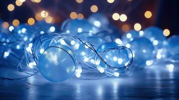 ai génératif Noël lumières sur une bleu Contexte avec bokeh effet. Noël Contexte. fermer vue avec profondeur de déposée. photo