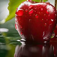 ai génératif sucré cerises avec gouttes de l'eau sur une foncé Contexte fermer photo