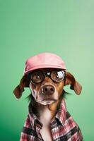 une chien dans une rose chapeau et des lunettes sur vert Contexte. ai généré photo