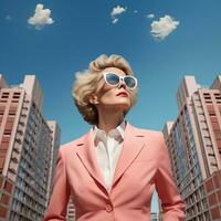 55 ans affaires femme avec gris cheveux contre le ciel ville Contexte. ai génératif photo