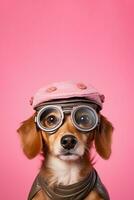 une chien dans une chapeau et des lunettes sur rose Contexte. ai généré photo