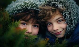 deux des gamins souriant ensemble. hiver saison. le coucher du soleil lumière. ai généré photo