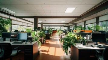 ai génératif moderne Bureau intérieur avec des ordinateurs et vert les plantes. flou Contexte. photo