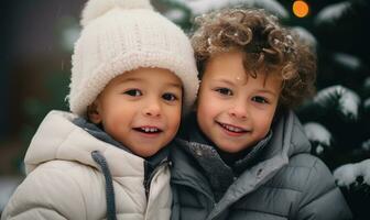 deux des gamins dans hiver couronne souriant ensemble. famille concept ai généré photo