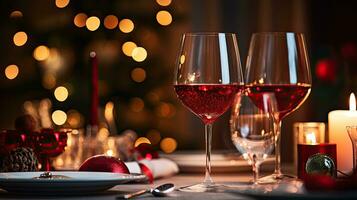 des lunettes de du vin sur une table avec Noël décorations et bokeh. ai génératif photo