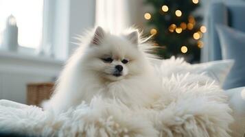 ai généré mignonne poméranien chien sur canapé dans pièce décoré pour Noël photo