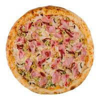 Pizza jambon et champignon isolé dans blanc Contexte photo
