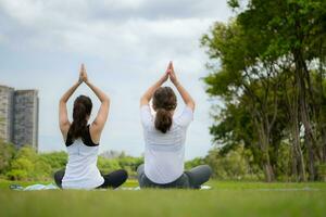 Jeune femelle et peu fille avec Extérieur Activités dans le ville parc, yoga est sa choisi activité. photo