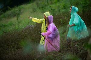 groupe de copains dans imperméables avec sacs à dos sur une une randonnée dans le forêt, préparer à randonnée après le pluie a arrêté. photo