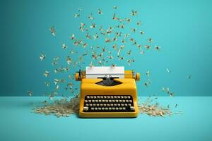 Jaune machine à écrire avec en volant papiers sur bleu Contexte. inspiration pour l'écriture concept. ai généré. photo