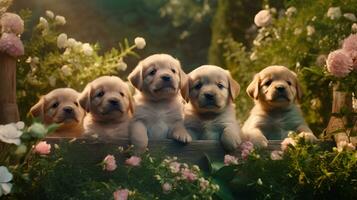 une beau et lot de chiots avec cœur et avec cadeaux photo