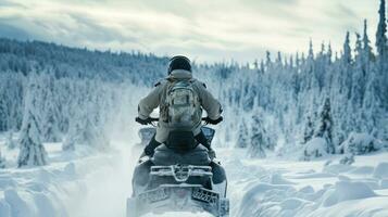 le chasseur monte par le hiver forêt sur une motoneige dans le neige génératif ai photo