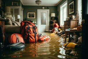 inondé pièce dans le maison avec choses, tsunami ruiné gens propriété génératif ai photo