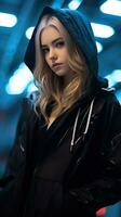 Jeune fille portant noir sweat à capuche avec cyberpunk style. génératif ai photo