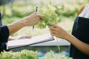 dans le industriel serre deux agricole ingénieurs tester les plantes santé et analyser Les données avec tablette ordinateur. photo