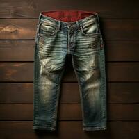 ai généré bleu jeans jeans avec bois Contexte photo