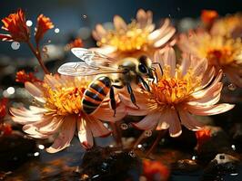 mon chéri abeille collecte nectar de fleurs dans eau, fermer, 3d rendu. ai génératif photo