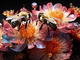 mon chéri abeille collecte nectar de fleurs dans eau, fermer, 3d rendu. ai génératif photo