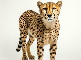 fermer portrait de guépard dans de face de une blanc Contexte avec copie espace. studio tir. ai génératif photo