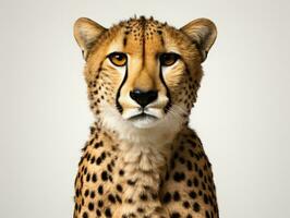 fermer portrait de guépard dans de face de une blanc Contexte avec copie espace. studio tir. ai génératif photo