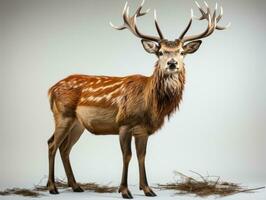 portrait de une Jeune whitetail cerf isolé sur gris Contexte. cerf avec gros bois debout. 3d illustration ai génératif photo