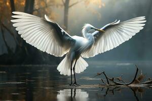 génial blanc pélican pelecanus onocrotalus dans le brumeux mystique forêt, sur le lac. une grand pélican avec propager ses ailes. ai génératif photo