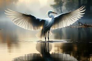 génial blanc pélican pelecanus onocrotalus dans le brumeux mystique forêt, sur le lac. une grand pélican avec propager ses ailes. ai génératif photo