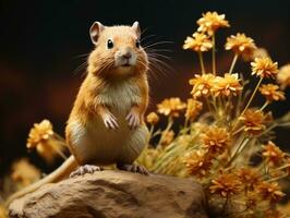 hamster séance sur une Roche avec fleurs sur une foncé Contexte. ai génératif photo