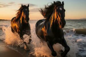 troupeau de frison les chevaux fonctionnement dans le l'eau à le coucher du soleil. ai génératif photo