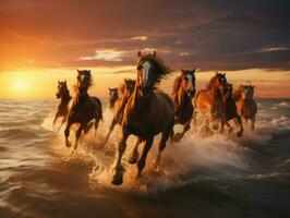 magnifique les chevaux fonctionnement sur le plage à le coucher du soleil. les chevaux dans le mer. ai génératif photo
