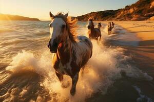 magnifique les chevaux fonctionnement sur le plage à le coucher du soleil. les chevaux dans le mer. ai génératif photo