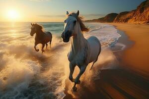 magnifique les chevaux fonctionnement sur le plage à le coucher du soleil. les chevaux dans le mer. ai génératif photo