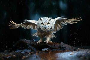 génial cornu hibou bubon virginien en volant dans forêt. ai génératif photo