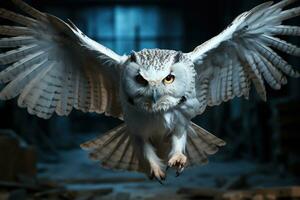 génial cornu hibou bubon virginien en volant dans forêt. ai génératif photo