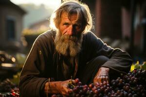 vieux homme avec longue gris barbe, moustache et moustache séance sur en bois table avec bouquet de les raisins dans vignoble à le coucher du soleil. ai génératif photo