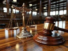 Balance de Justice et en bois juge marteau sur en bois table dans salle d'audience. 3d rendre. ai génératif photo