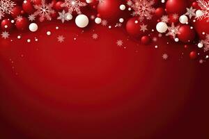Noël Contexte avec babioles et flocons de neige sur rouge Contexte. copie espace. ai génératif photo