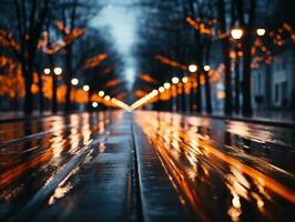 le lumière les sentiers sur le moderne bâtiment Contexte. pluvieux ville rue à nuit avec lumière les sentiers et bokeh. ai génératif photo