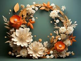 3d rendre floral couronne, 3d illustration. floral couronne avec fleurs et feuilles.belle Contexte avec copie espace. ai génératif photo