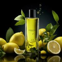 citron pétrole dans une bouteille avec Frais citrons sur une foncé Contexte. citron eau de Cologne concept. ai génératif photo